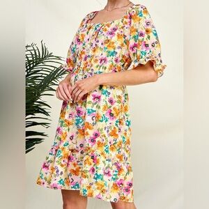 Chris & Carol Cream Floral Midi Dress with Pink, Orange & Green